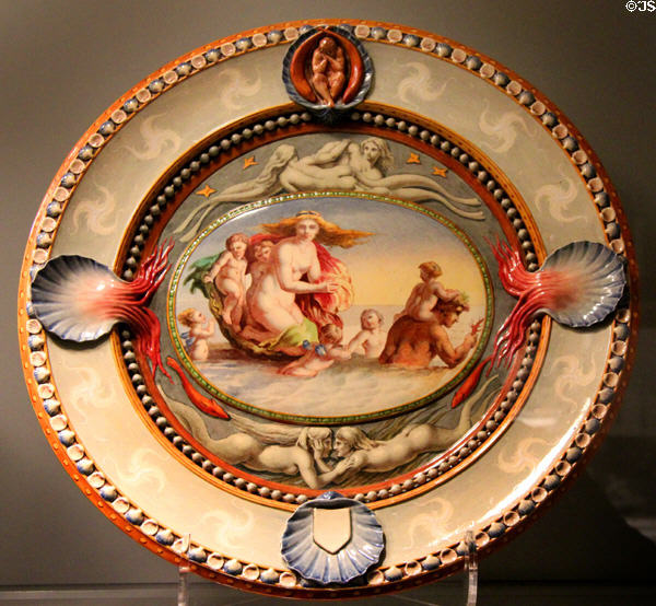 Earthenware tray in Renaissance Revival style (1863) by Sir Coutts Lindsay for Minton of Stoke-on-Trent, England at Gardiner Museum. Toronto, ON.