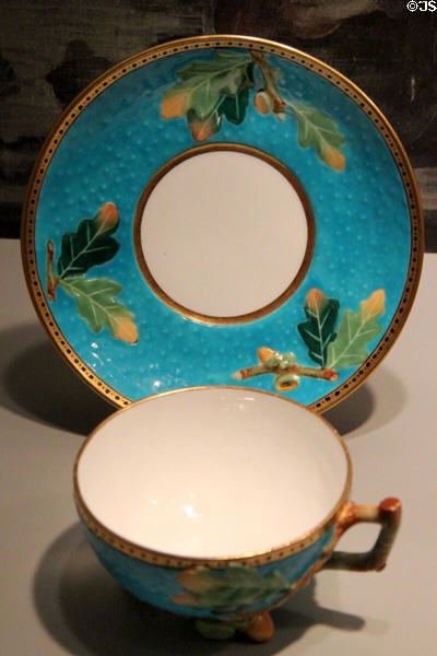 Bone china teacup & saucer (c1880-89) attrib. Thomas Kirkby for Minton of Stoke-on-Trent, England at Gardiner Museum. Toronto, ON.