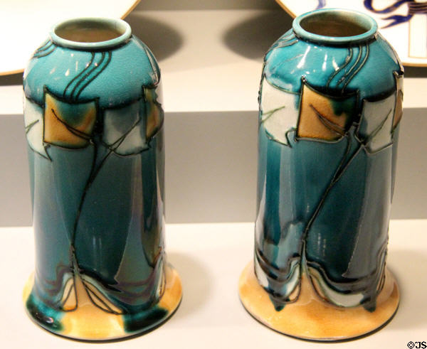 Earthenware vases in Secessionist style (1902-14) by Minton of Stoke-on-Trent, England at Gardiner Museum. Toronto, ON.
