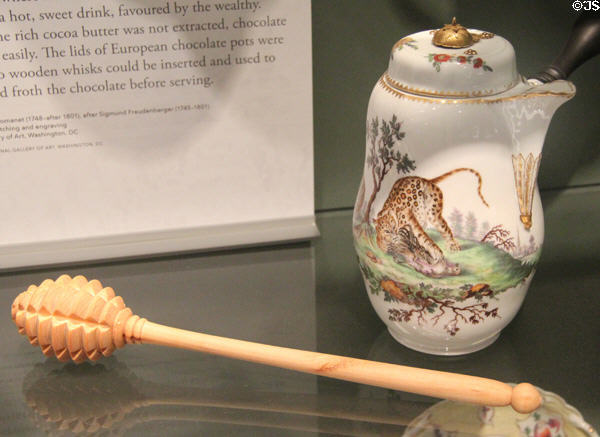 Porcelain chocolate pot (c1775) from Copenhagen, Denmark at Gardiner Museum. Toronto, ON.