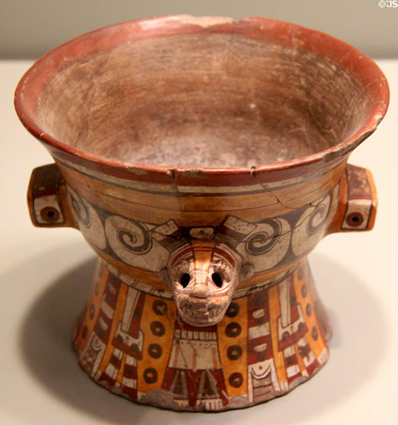 Mixtec culture earthenware drinking vessel with serpent handles (1325-1520) perhaps from Cholula or Puebla, Mexico at Gardiner Museum. Toronto, ON.