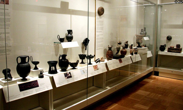 Collection of Etruscan black ceramic Bucchero Ware (675-450 BCE) at Royal Ontario Museum. Toronto, ON.