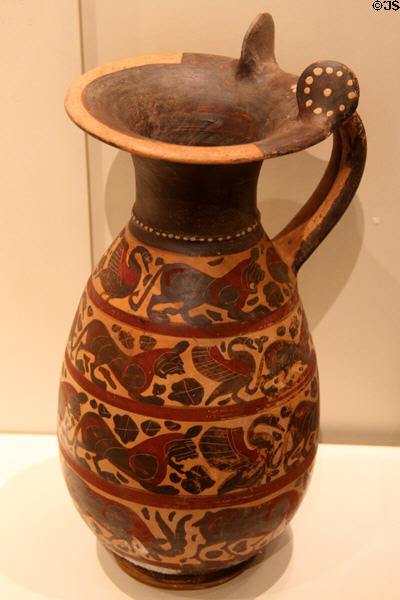 Etruscan-Corinthian earthenware jug (Olpe) painted with friezes of animals (580-560 BCE) at Royal Ontario Museum. Toronto, ON.