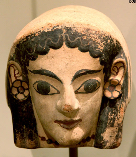 Etruscan terracotta roof antefix with female head (540-530 BCE) probably from Caere at Royal Ontario Museum. Toronto, ON.