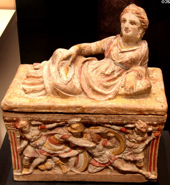Etruscan terracotta cinerary chest with sculpted reclining woman & with much of original paint (225-150 BCE) at Royal Ontario Museum. Toronto, ON.