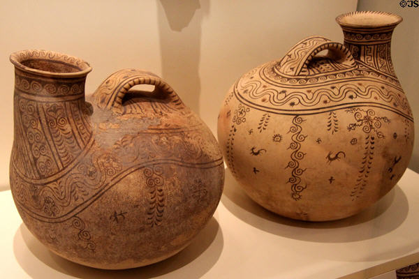 Earthenware Askoi with Greek designs (c300 BCE) from Canosa, Italy at Royal Ontario Museum. Toronto, ON.