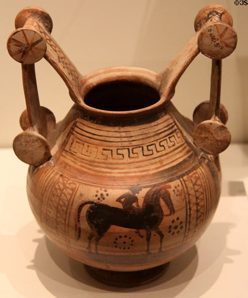 Earthenware jar with Trozzella with horseman (Messapian) (c480-450 BCE) from Canosa region at Royal Ontario Museum. Toronto, ON.