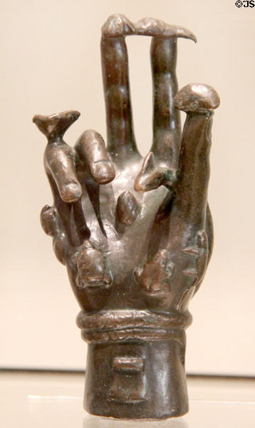 Roman bronze sculpted hand covered with sacred symbols (200-400 CE) from Caglia, central Italy at Royal Ontario Museum. Toronto, ON.