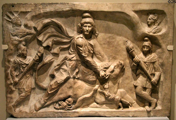 Roman marble relief of Mithras god of truth in Persian dress slaying a bull to symbolize good over evil (100-200 CE) at Royal Ontario Museum. Toronto, ON.