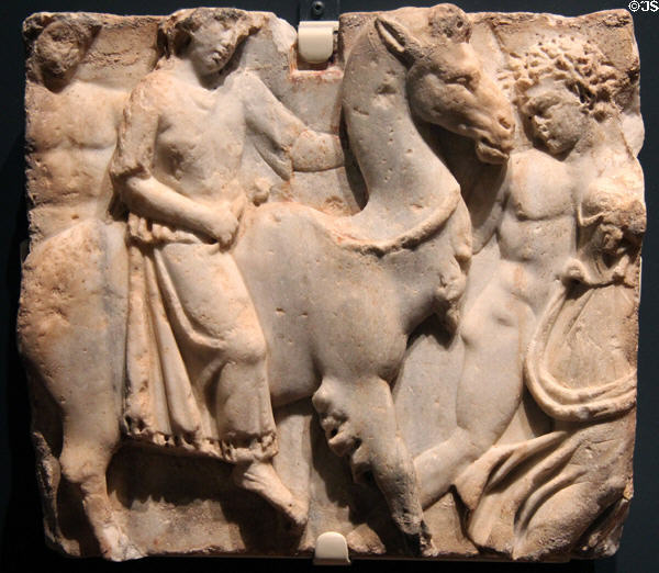 Roman marble sarcophagus fragment depicting Indian Triumph of Dionysus with female Indian prisoner on camel (130-140 CE) at Royal Ontario Museum. Toronto, ON.