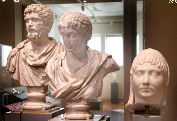 Marble busts of Septimius Severus (ruled 193-211 CE), Empress Faustina the Younger (161-170), & veiled head of woman (117-138 CE) at Royal Ontario Museum. Toronto, ON.