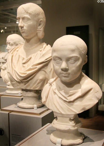 Roman marble busts of woman (220-235 CE) & boy (225-250) at Royal Ontario Museum. Toronto, ON.