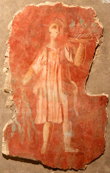 Tomb wall painting on plaster showing standing Maenad holding drinking cup (c300 CE) from Eastern Mediterranean at Royal Ontario Museum. Toronto, ON.