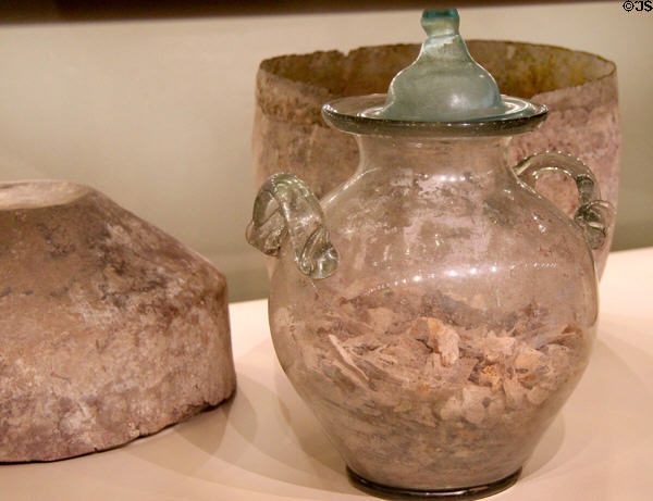 Glass urn with cremated ashes & ceramic outer container (c50 CE) from Ventimiglia, Italy at Royal Ontario Museum. Toronto, ON.