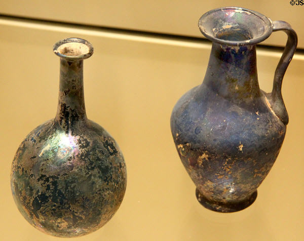 Blue glass flasks (25-125 CE) from Syria or Palestine at Royal Ontario Museum. Toronto, ON.