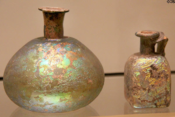 Iridescent glass bottles (100-225 CE) from Syria or Palestine at Royal Ontario Museum. Toronto, ON.