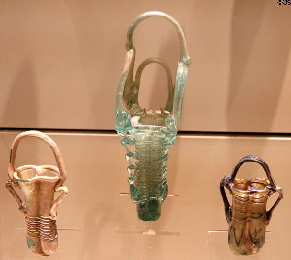 Glass double or quadruple flasks for cosmetics (400 CE) from Syria or Palestine at Royal Ontario Museum. Toronto, ON.