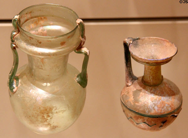Blown glass jar (350-400 CE) from Palestine & jug (350-450 CE) from Syria or Palestine at Royal Ontario Museum. Toronto, ON.