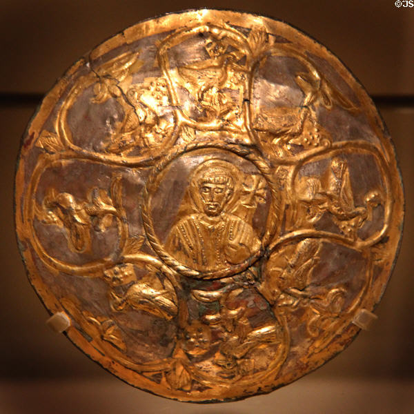 Gilt silver disk with repoussé design of St Peter surrounded by doves (600-700 CE) from Eastern Mediterranean at Royal Ontario Museum. Toronto, ON.