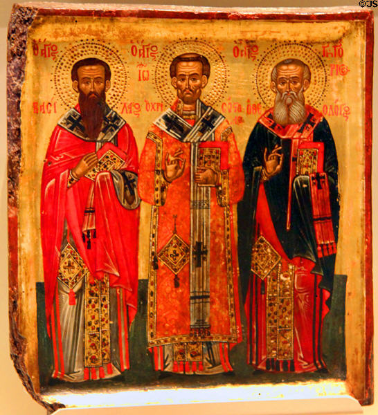 Sts Basil, John Chrysostom, & Gregory Nazianzus tempera painting (1625-1725) from Northern Greece at Royal Ontario Museum. Toronto, ON.