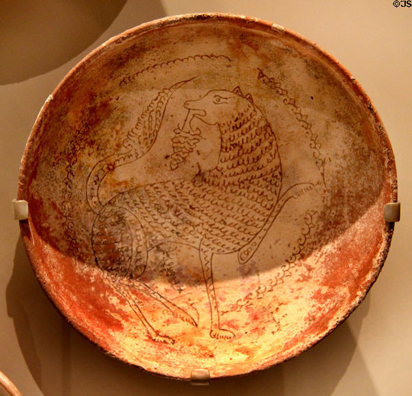 Earthenware bowl featuring beast (1100-1200 CE) from Eastern Mediterranean at Royal Ontario Museum. Toronto, ON.