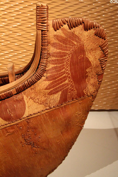 Decorative detail of native birchbark freight canoe (1971) by César Newashish Manowan of Quebec at Royal Ontario Museum. Toronto, ON.