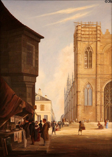 Notre Dame Basilica & Square at Montreal painting (c1840-55) by unknown at Royal Ontario Museum. Toronto, ON.