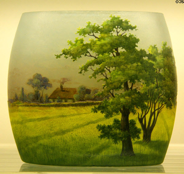 Glass vase with country scene (c1900) by Daum Frères of Nancy, France at Royal Ontario Museum. Toronto, ON.
