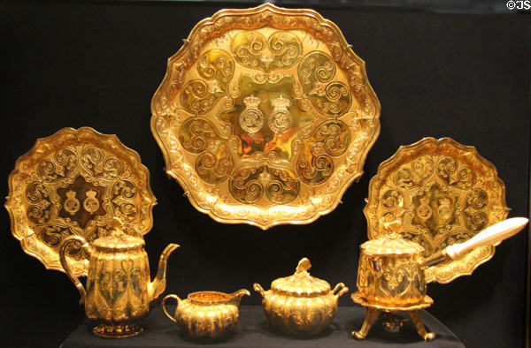 Silver-gilt travelling set (1821-6) by Philip Rundell of London including coffee & chocolate pots once owned by mistress of George IV at Royal Ontario Museum. Toronto, ON.
