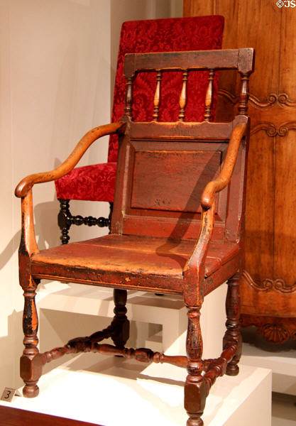 Panel back armchair (c1675-1725) from Quebec City area at Royal Ontario Museum. Toronto, ON.