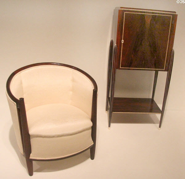 Art Deco upholstered side chair (prob. 1920) & ebony & ivory cabinet (1920s) from France at Royal Ontario Museum. Toronto, ON.