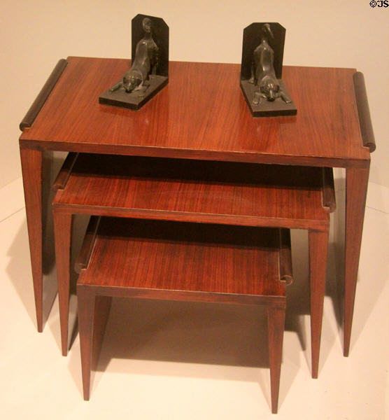 Art Deco nesting tables (c1930) & bronze bookends (1920s) from France at Royal Ontario Museum. Toronto, ON.