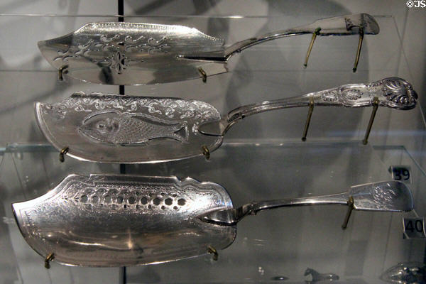 Silver fish lifters (c1815-40) from Quebec at Royal Ontario Museum. Toronto, ON.