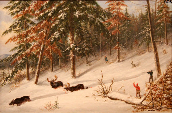 Huntsmen Shooting Moose in Winter painting (1854) by Cornelius Krieghoff at Art Gallery of Ontario. Toronto, ON.