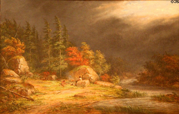 Indian hunters at Campfire, Storm Approaching painting (1856) by Cornelius Krieghoff at Art Gallery of Ontario. Toronto, ON.