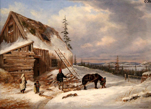 Log Cabin, Winter Scene, Lake St. Charles painting (c1862) by Cornelius Krieghoff at Art Gallery of Ontario. Toronto, ON.