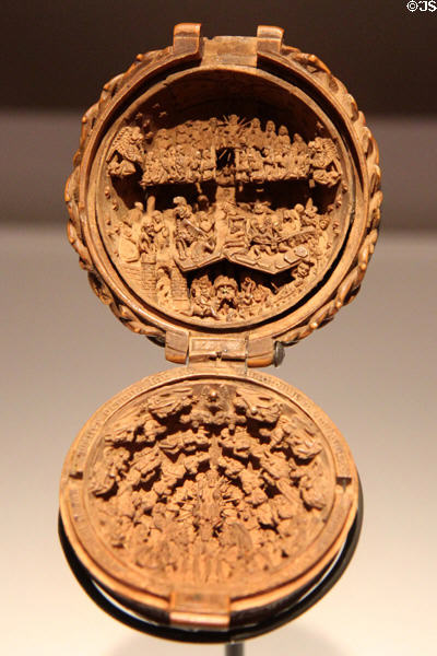 Carved boxwood prayer bead with Last Judgment above & Coronation of the Virgin below at Art Gallery of Ontario. Toronto, ON.