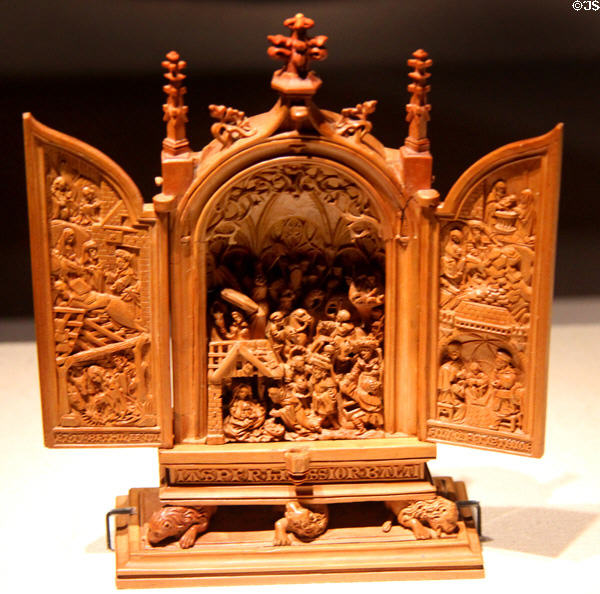 Carved miniature altarpiece with Adoration of Magi scene at Art Gallery of Ontario. Toronto, ON.