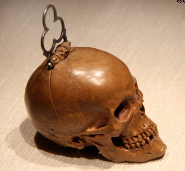 Replica prayer bead in shape of skull made with 3D printing at Art Gallery of Ontario. Toronto, ON.