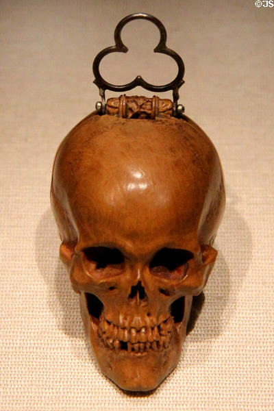 Replica prayer bead in shape of skull made with 3D printing at Art Gallery of Ontario. Toronto, ON.