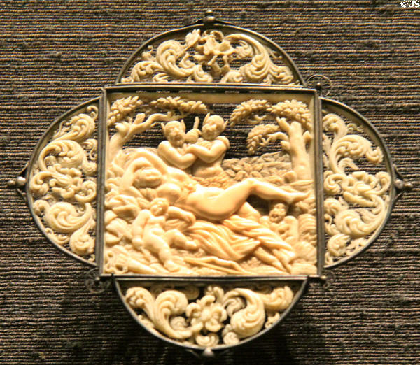 Carved ivory & silver pendant with sleeping Venus & cupid with satyrs (c1660-70) from Germany at Art Gallery of Ontario. Toronto, ON.