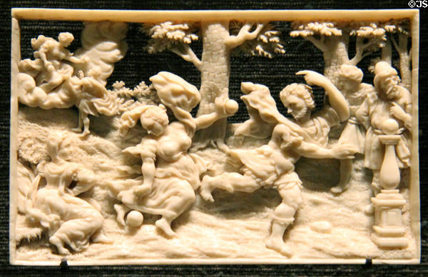 Carved ivory plaque showing Atalanta & Hippomenee story (late 17th - early 18th C) from Germany at Art Gallery of Ontario. Toronto, ON.