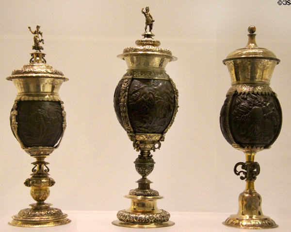 Carved coconut cups in gilded silver mounts (late 16thC - early 17thC) from the Netherlands (or Germany on right) at Art Gallery of Ontario. Toronto, ON.