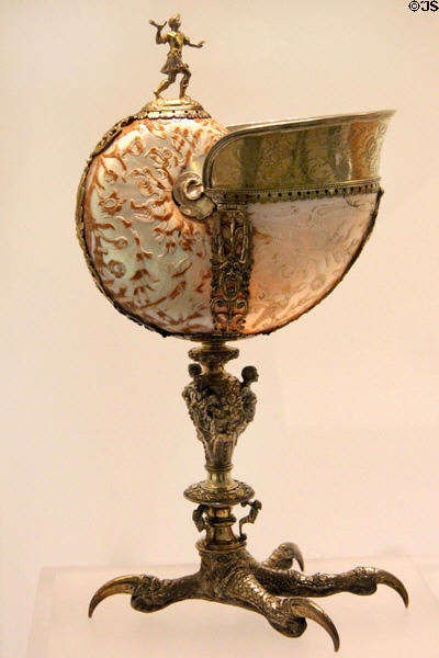 Carved nautilus shell from China (?) on gilded silver eagle-claw mount (c1580-1610) from southern Germany at Art Gallery of Ontario. Toronto, ON.