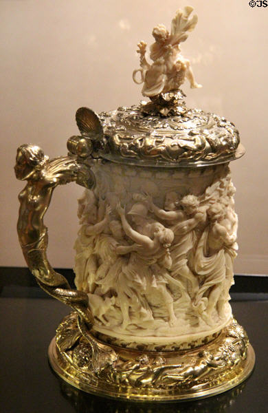 Ivory & silver tankard with carvings of the Sabine Women plus Samson & the Lion (1697) by Ignaz Elhafen & silver by Octavian Cocssel from Austria at Art Gallery of Ontario. Toronto, ON.