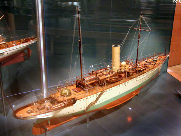 Model of British twin crew steel schooner Mayflower (1896) which later became American presidential yacht (1902-1929) at Art Gallery of Ontario. Toronto, ON.