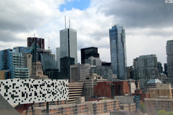 OCAD University's black & white "tabletop" structure seen against skyline of Toronto. Toronto, ON.