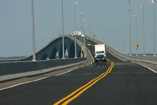 Road of Confederation Bridge to PEI arches upward over shipping spans. PE.