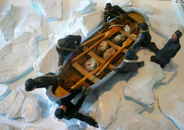 Model of ice boat used to carry mail & passengers across ice flows between PEI & mainland in winter at post office museum. Cavendish, PE.