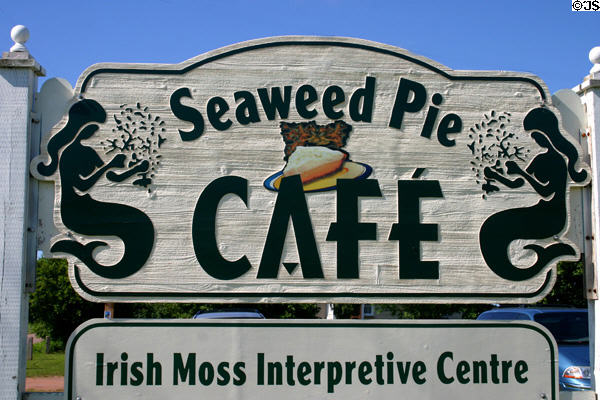 Sign for Seaweed Pie Café & Irish Moss Interpretive Center at Minegash. PE.
